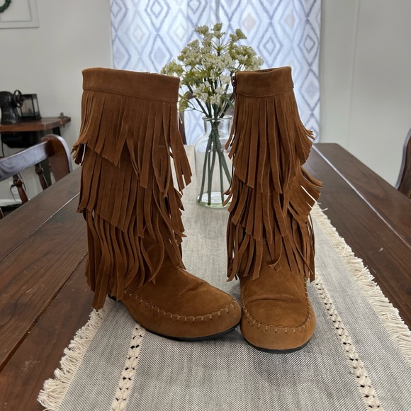Refresh Shoes - Refresh Jolin-08 SZ 7.5 Faux Suede Moccasin Boots Brown Fringe Calf Pull On